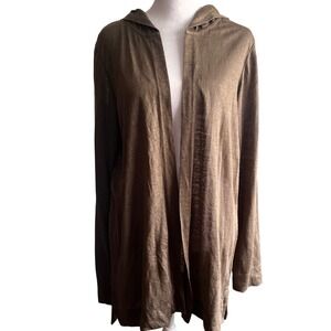 NWT Tahari Women 100% Linen Open Front Hooded Cardigan Olive Brown Size Large